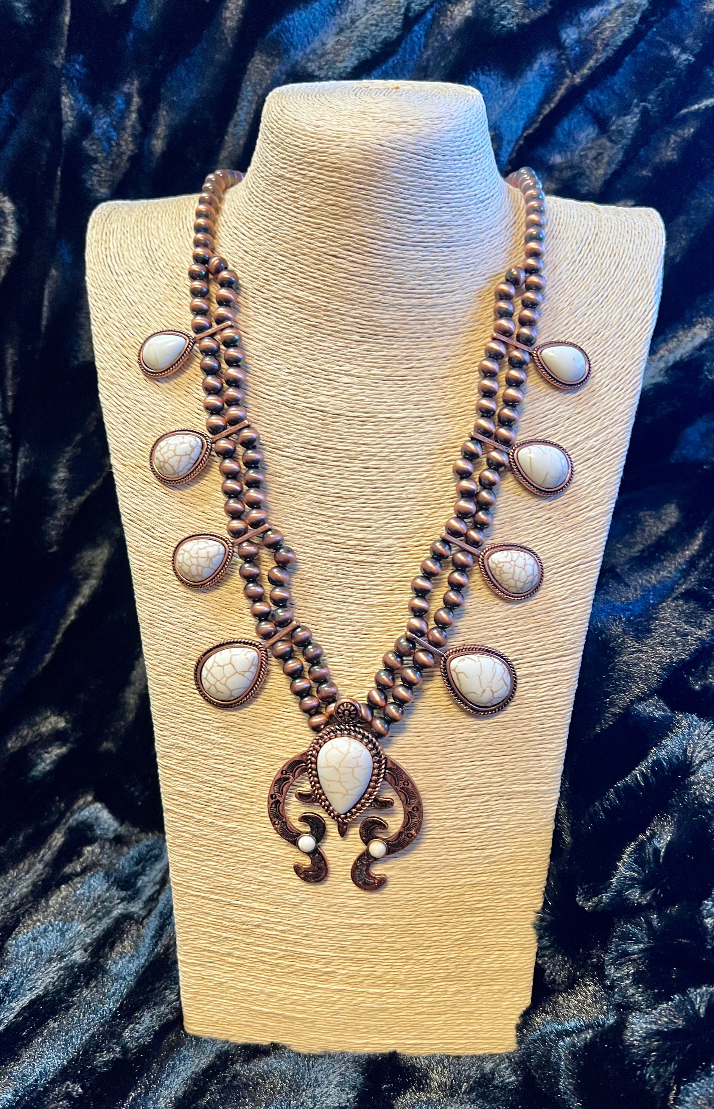 HIPPIE BRAND COPPER NAVAJO BEAD SQUASH NECKLACE WITH WHITE STONE