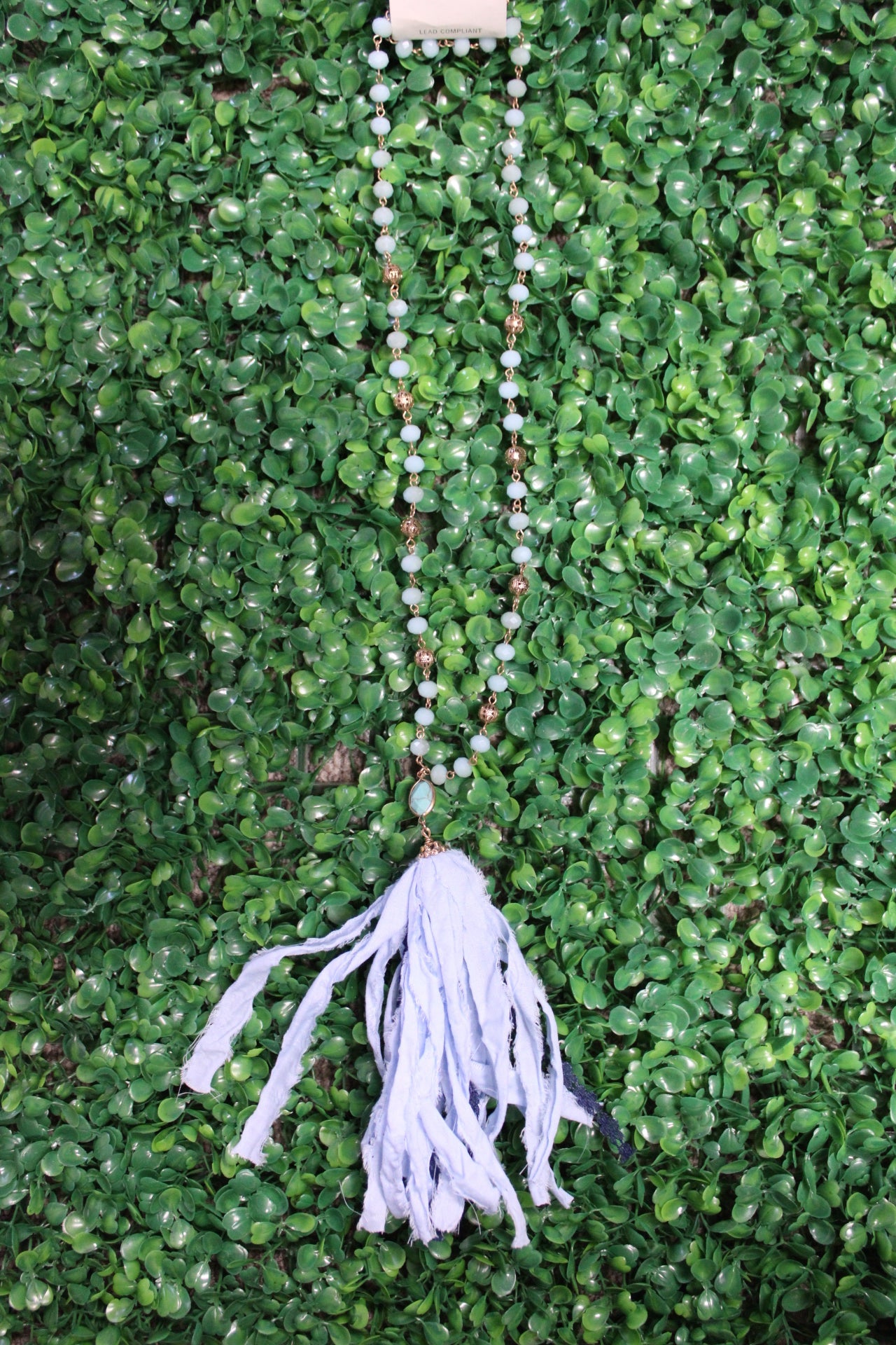 LIGHT BLUE BEADED TASSEL NECKLACE