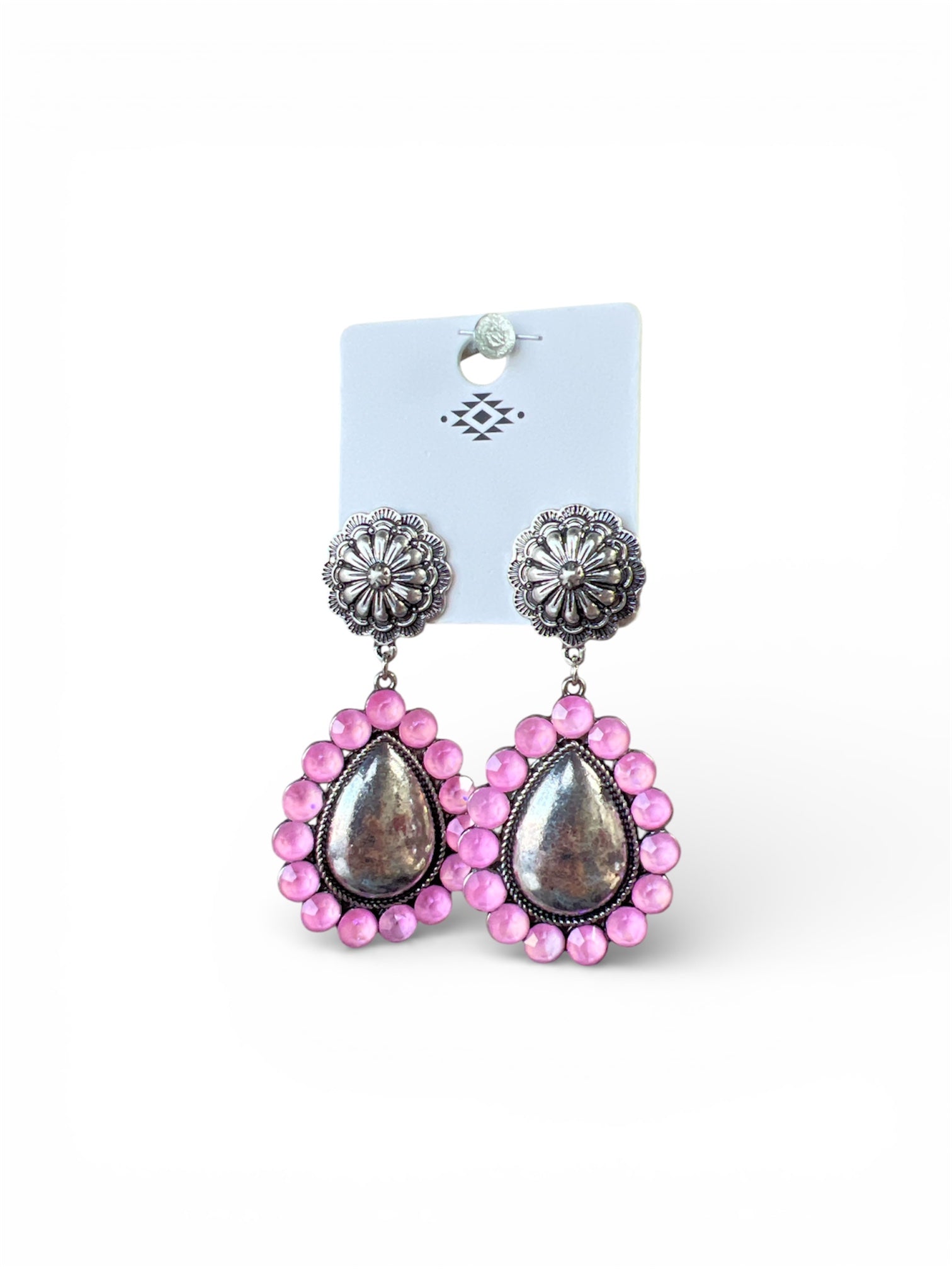 SILVER TEARDROP PINK GEM EARRINGS