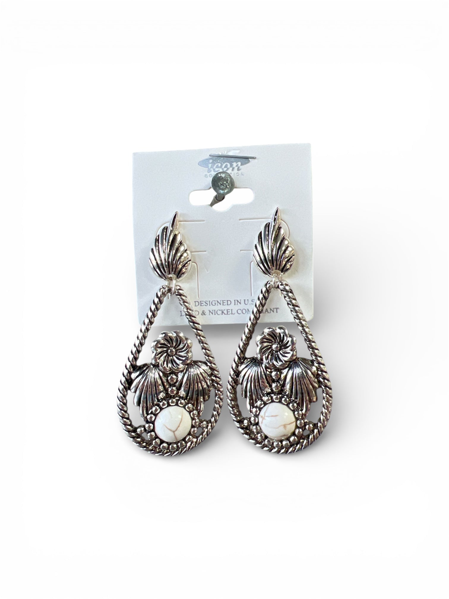 SILVER TEARDROP WHITE MARBLE EARRINGS