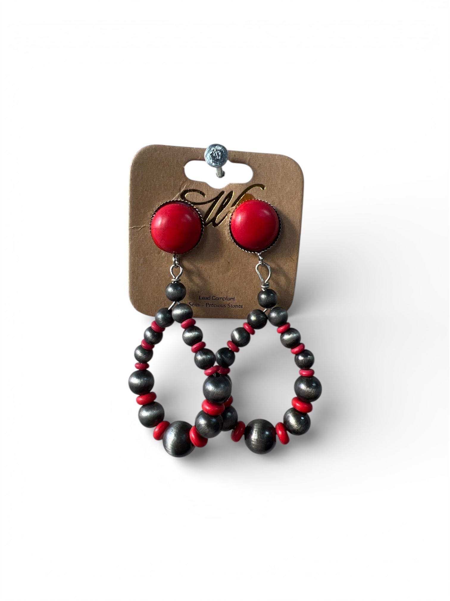 RED STONE BEAED HOOP EARRINGS