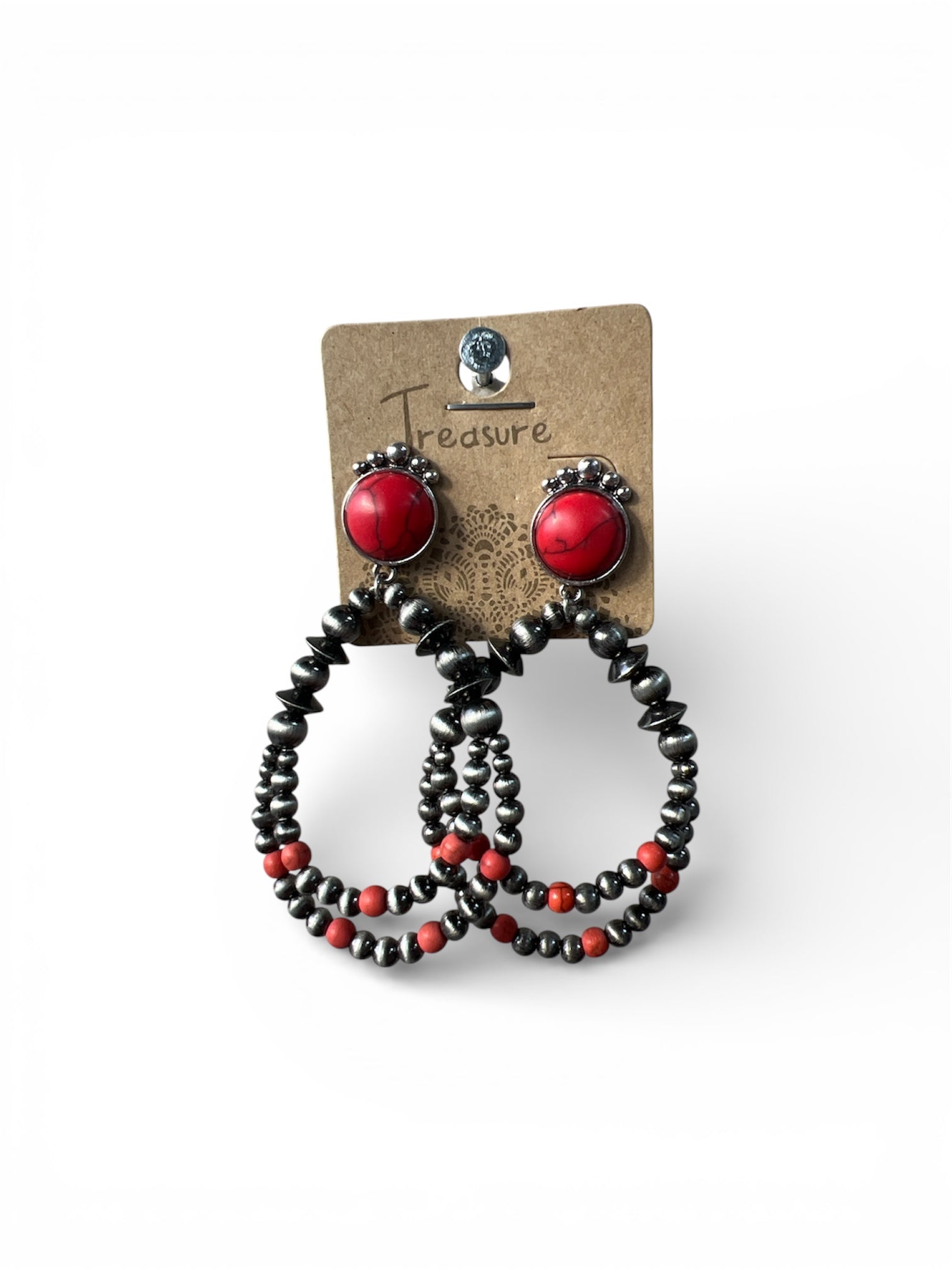 RED MARBLE BEADED HOOP EARRINGS